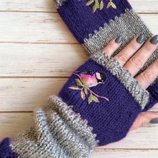 Women Autumn Winter Bird Embroidered Gloves Knit Fingerless Color Block Mitten
