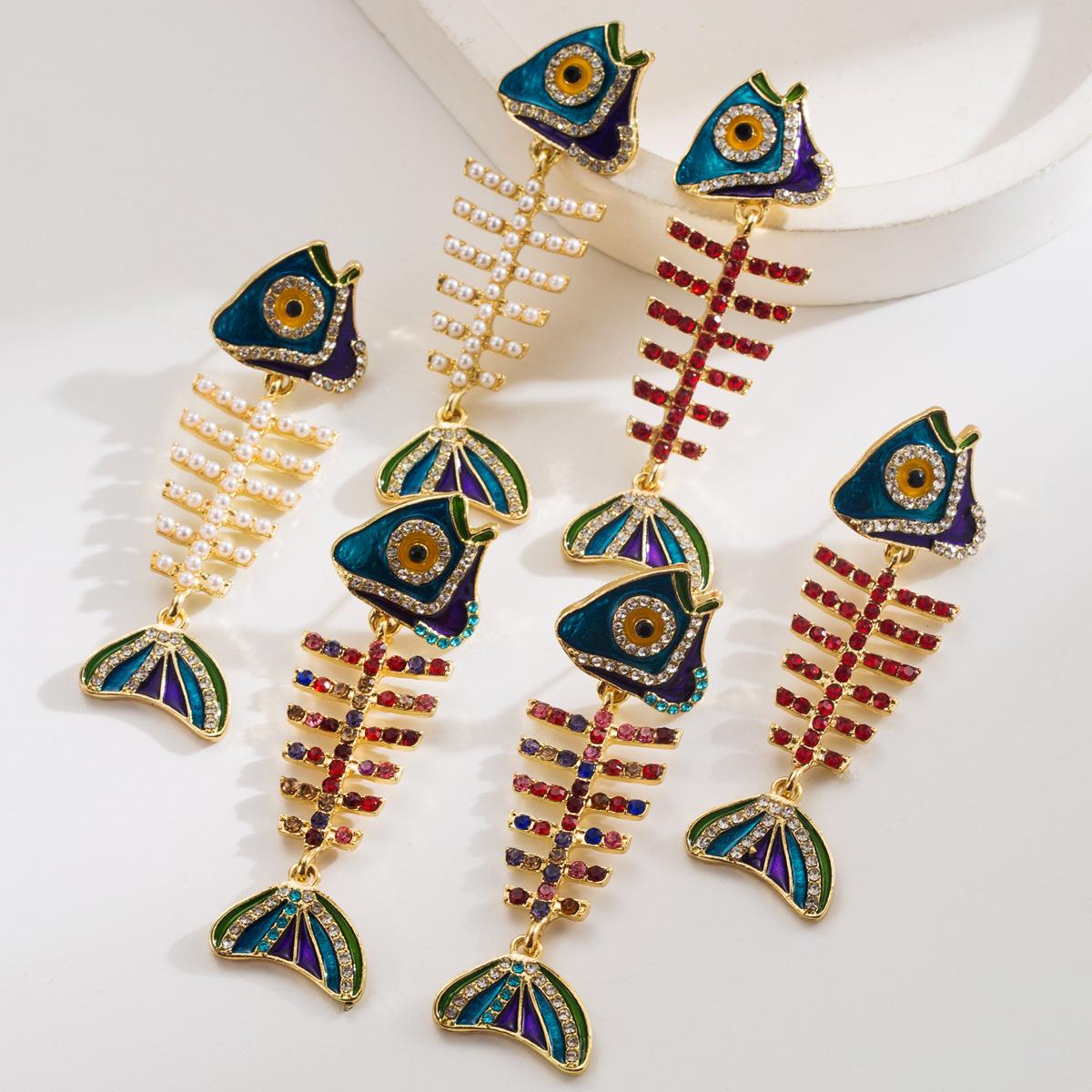 

Long Fishbone Earrings for Women Trendy Versatile Personality Alloy Inlaid with Colorful Rhinestones and Pearls білий