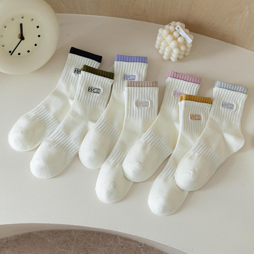 Dámské zimní bavlněné sportovní ponožky střední délky - Dvojité manžety, Vyšívaná písmena, Trendy, Teplé, Pohodlné.