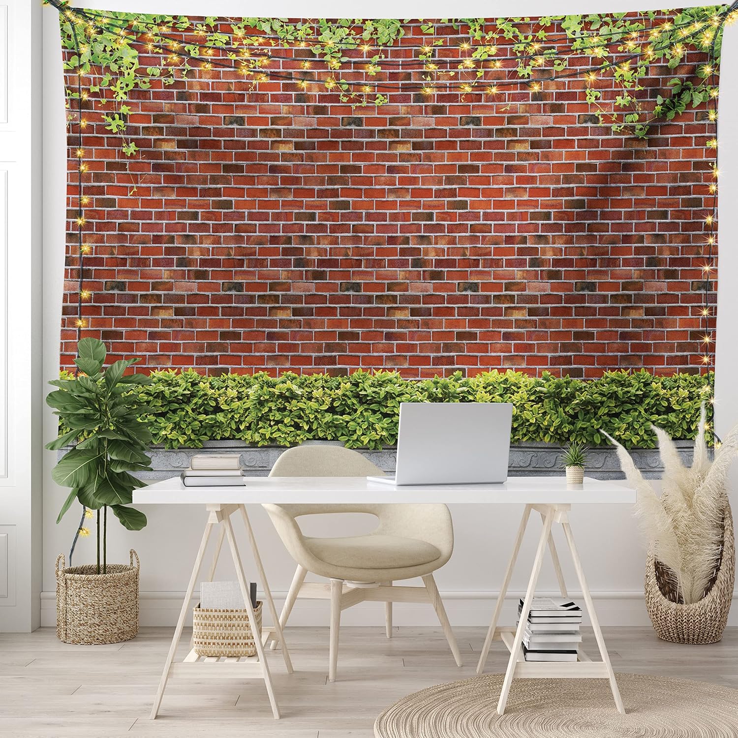 brick wall tapestry, brick wall pattern printing with climbing plants and leaves, bedroom living room decorative tapestry 100X70CM