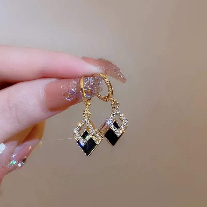 Accessories for Women Black Geometric Double Square Hoop Earrings for Women Statement Rhinestone Earring Jewelry Pendientes Muje