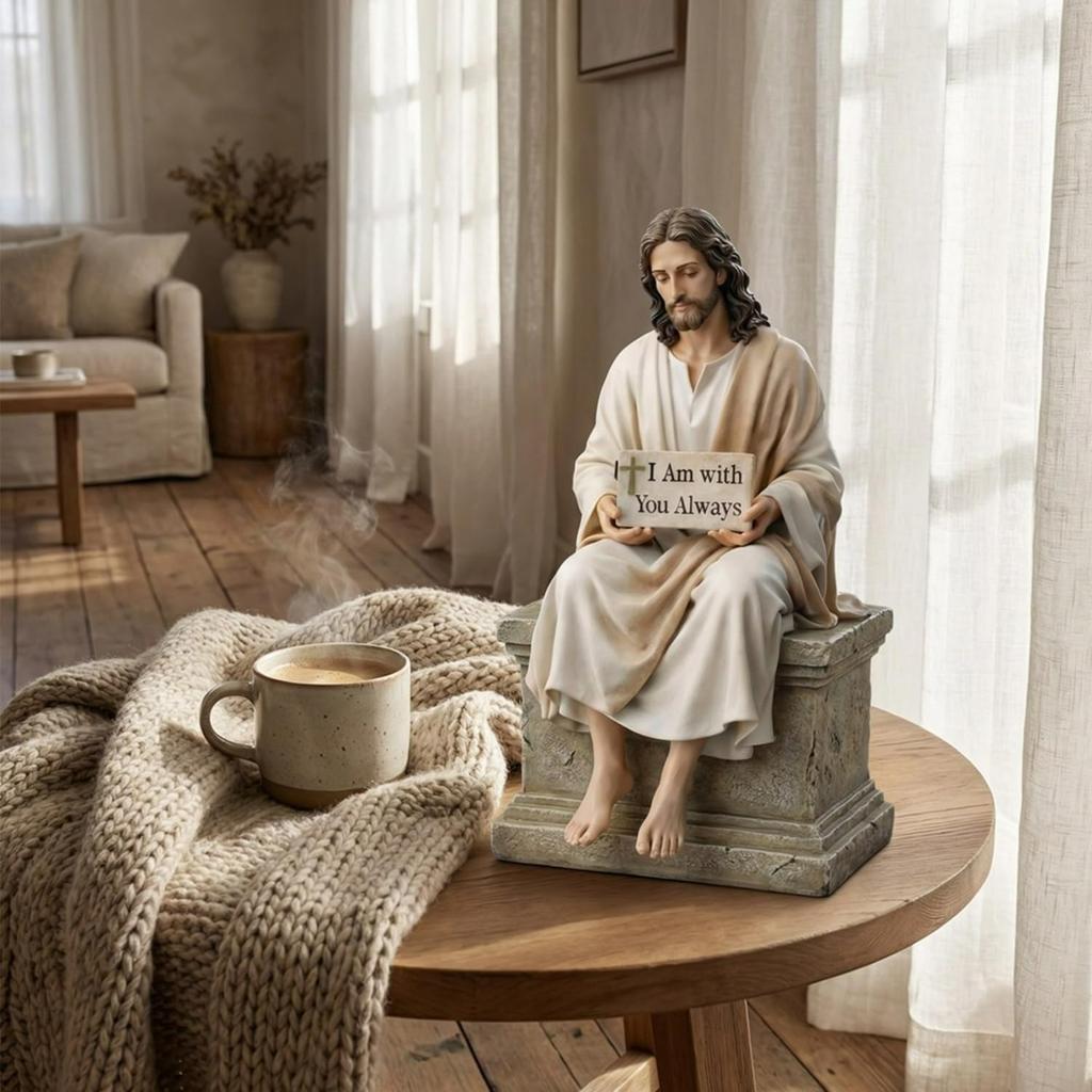 Jesus Resin Figurine,I Am with You Always Jesus Statue, Handmade Sitting Religious Decorative,Easter Car Dashboard Home Office Table Decor