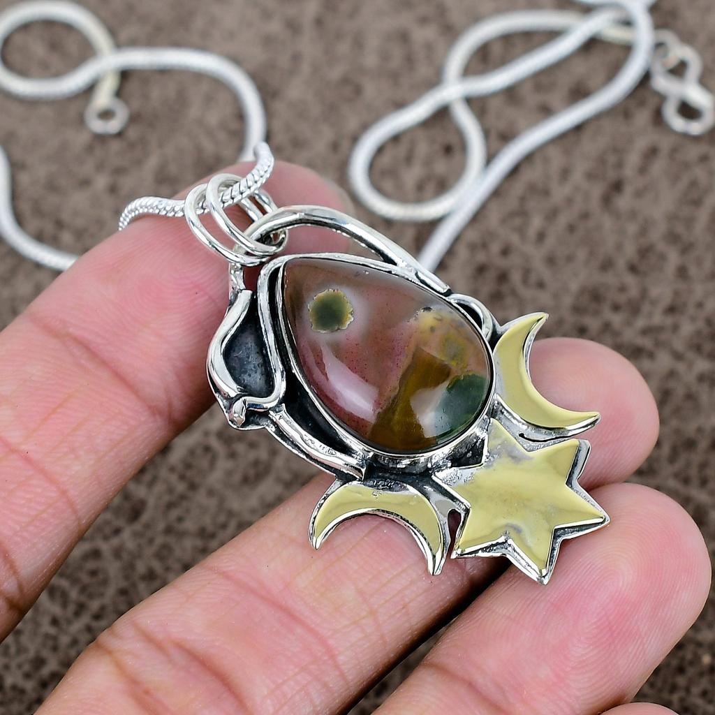 Ocean Jasper Gemstone Handmade 925 Sterling Silver Jewelry Pendant 2.01" KKG-561