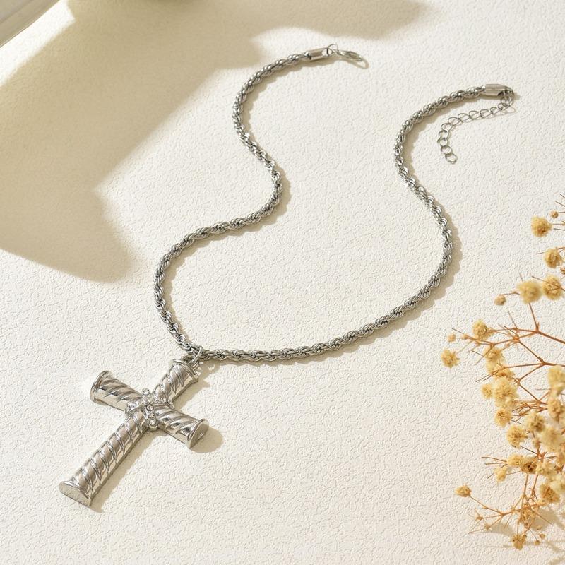 Stylish and simple thread rotating cross necklace, personalized diamond-encrusted versatile twist thick chain neck chain