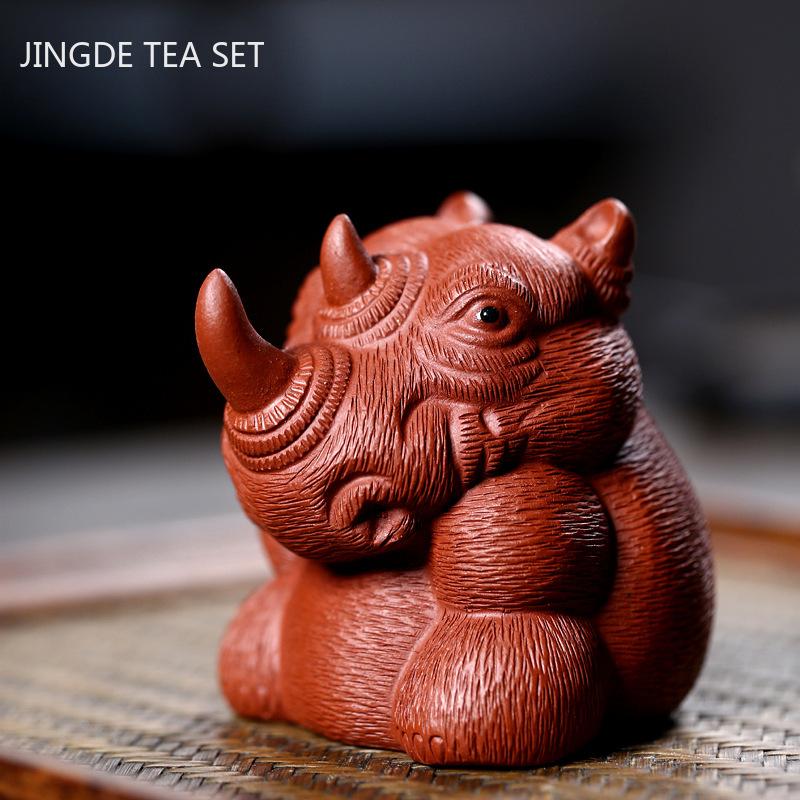 1PCS Boutique Rhino Sculpture Purple Clay Tea Pet Chinese Handmade Animal Statue Ornaments Crafts Tea Set Decoration Accessories