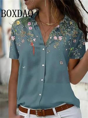 Letnie Eleganckie Damskie Koszule z Klapami Krótkim Rękawem Luźne Wiosenne Jednorzędowe Topy Codzienne Bluzki z Kwiatowym Wzorem Odzież Damska