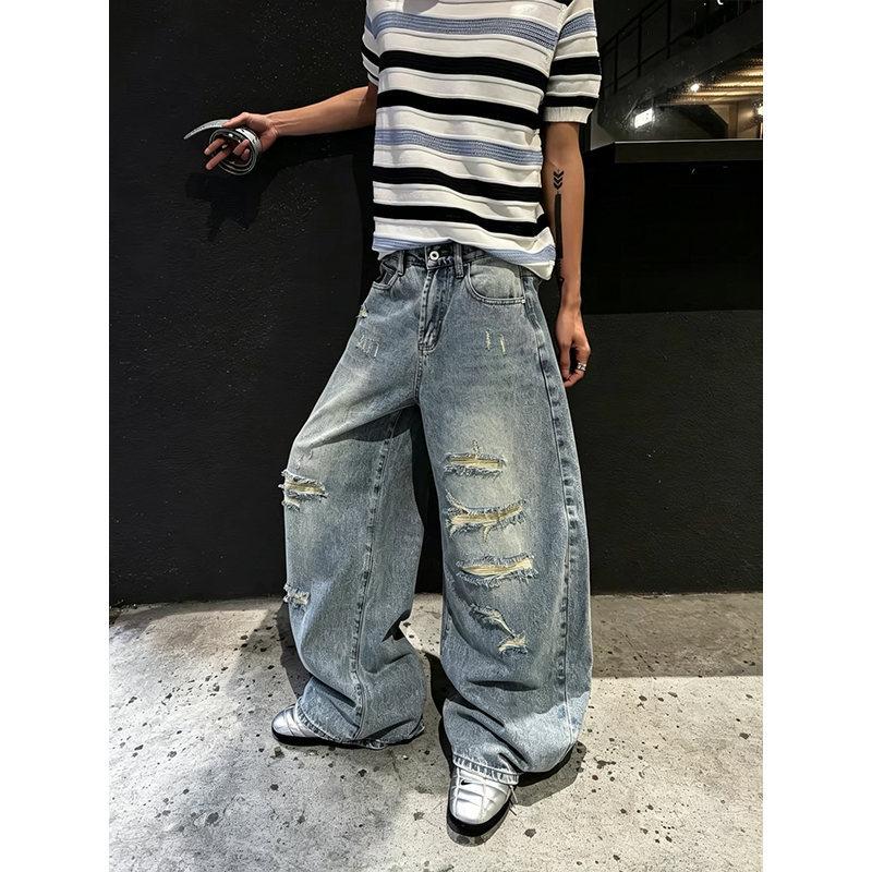 American ripped jeans men's spring and autumn new straight loose wide-leg casual pants washed trousers men