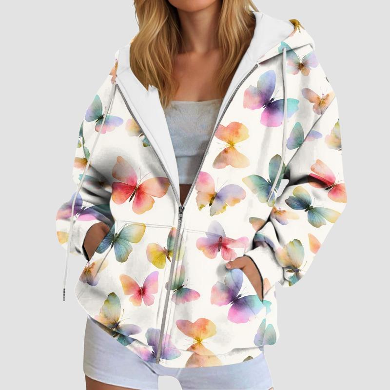 Stylish Printing Hooded Women'S Sweatshirt With Pockets Autumn/Winter Long-Sleeve Casual Hoodies Full Zipper Outdoor Sportwears