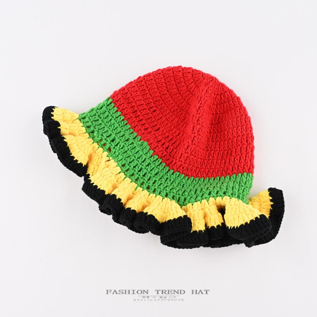 Hand Crocheted Ruffle Edge Knitted Hat Women Autumn Winter Warm Ear Protector Basin Hat Colored Ruffled Wool Bucket Hat