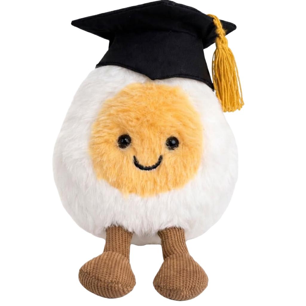 Plush Stuffed Toy Doll with Graduation Cap Soft Egg Shaped Figure with Smiling Face and Dangling Legs for Gifts Decoration