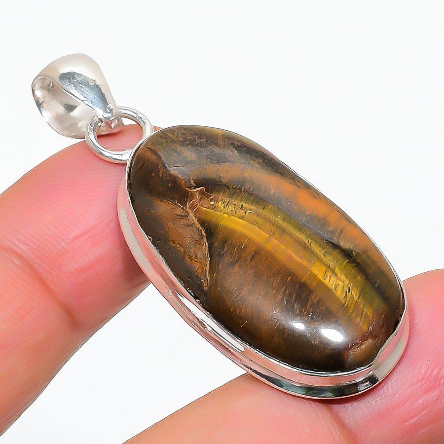 Natural Tiger Eye Gemstone Handmade 925 Steling Silver Jewelry Pendant 1.97" w4f74