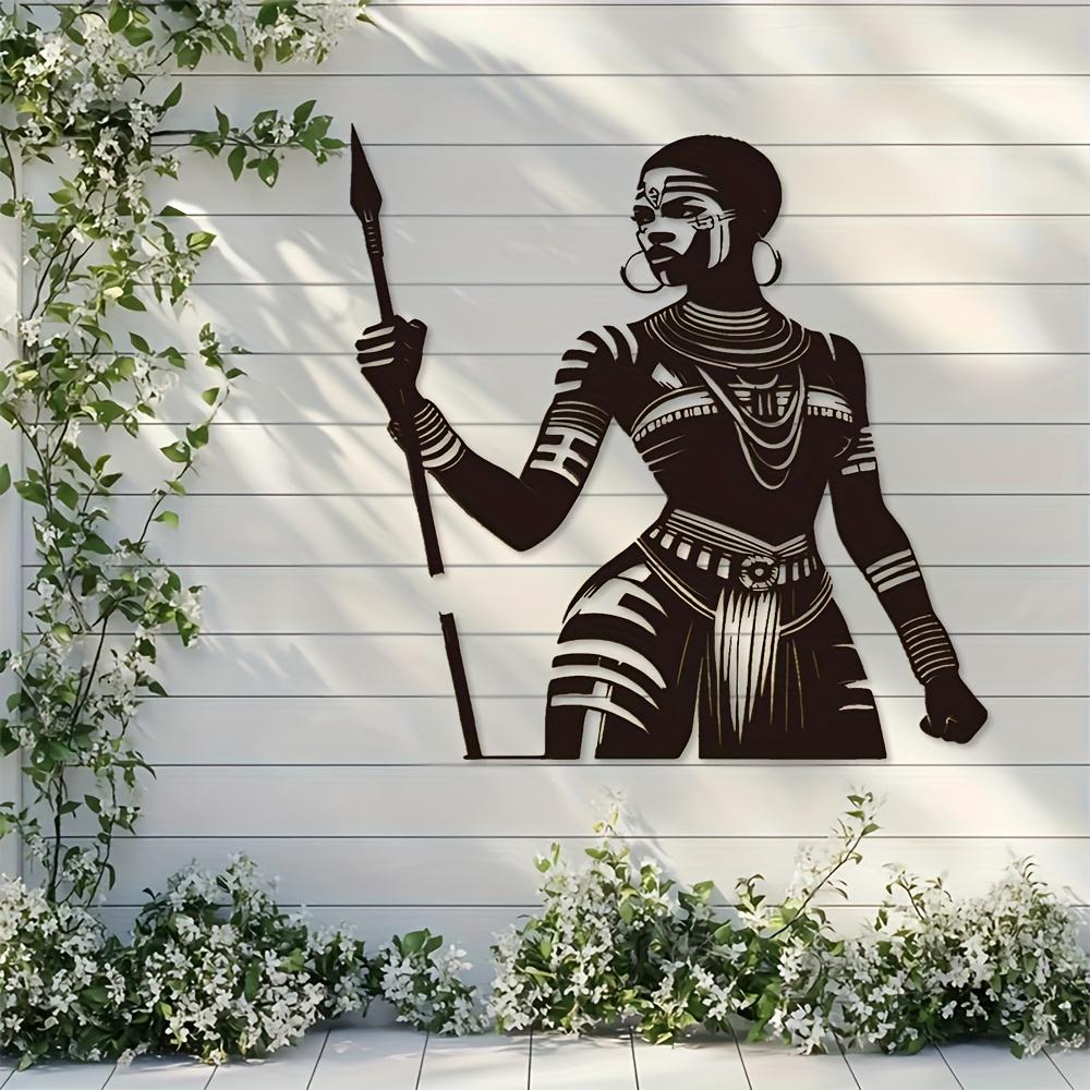 African Warrior Woman Spear Metal Wall Sculpture Black Painted Iron Tribal Art for Living Room Porch Wedding Decor Easy Install Sturdy Cultural Gift