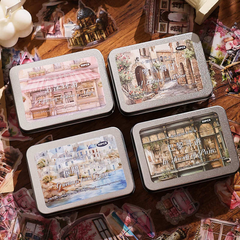 1box/50Pcs Travel Themed Stickers for Tin Box Retro Landscape for Journal Album DIY Crafts