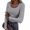 Damen Langarm Rippen U-Ausschnitt Sexy Eng Anliegendes Oberteil T-Shirt Einfarbige Schlanke Basic T-Shirts