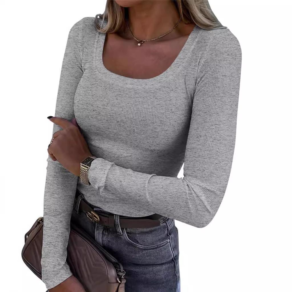 Damen Langarm Rippen U-Ausschnitt Sexy Eng Anliegendes Oberteil T-Shirt Einfarbige Schlanke Basic T-Shirts