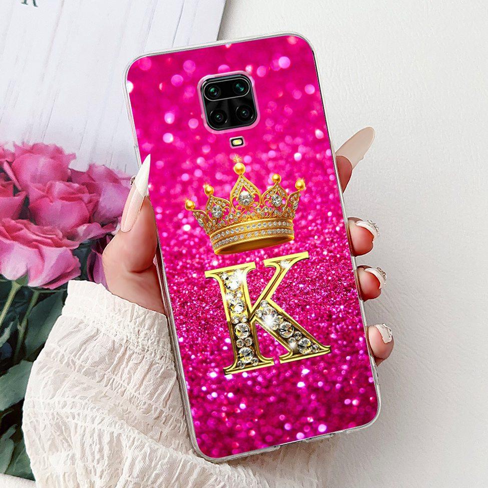 Clear Cover For Xiaomi Redmi Note 9s Case Fashion Luxury A-Z Letters Crown Soft TPU Phone Case M2003J6A1G