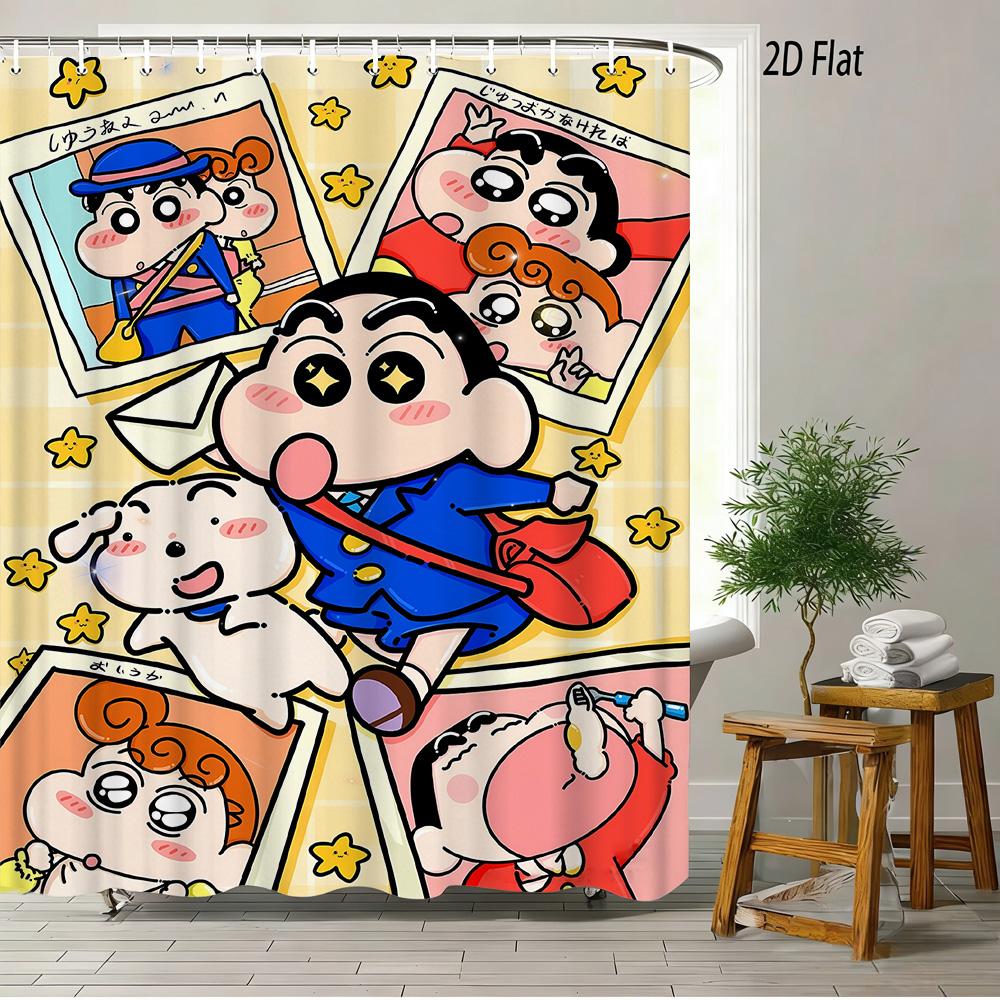 Crayon Shin-Chan & Shiro & Himawari Photo Collage Scene 2D Print Waterproof Shower Curtain, Warm Yellow Checkered With Star Acce
