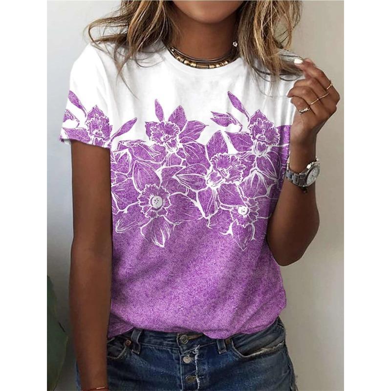 

Літня жіноча футболка Модні топи з короткими рукавами Повсякденна футболка з круглим вирізом з 3D квітковим принтом для жіночого одягу Y2k Вільні футболки M