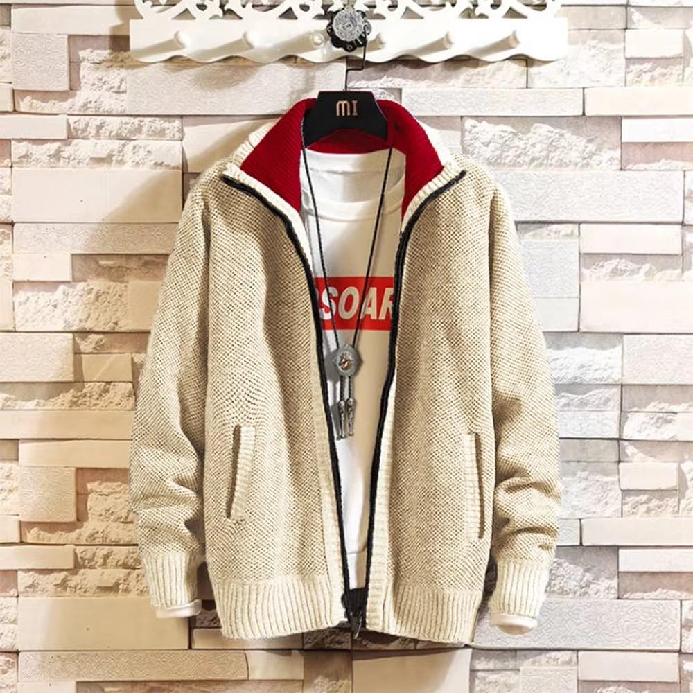 Maglione casual da uomo in pile spesso e invernale, di grandi dimensioni, con colletto alto, cardigan