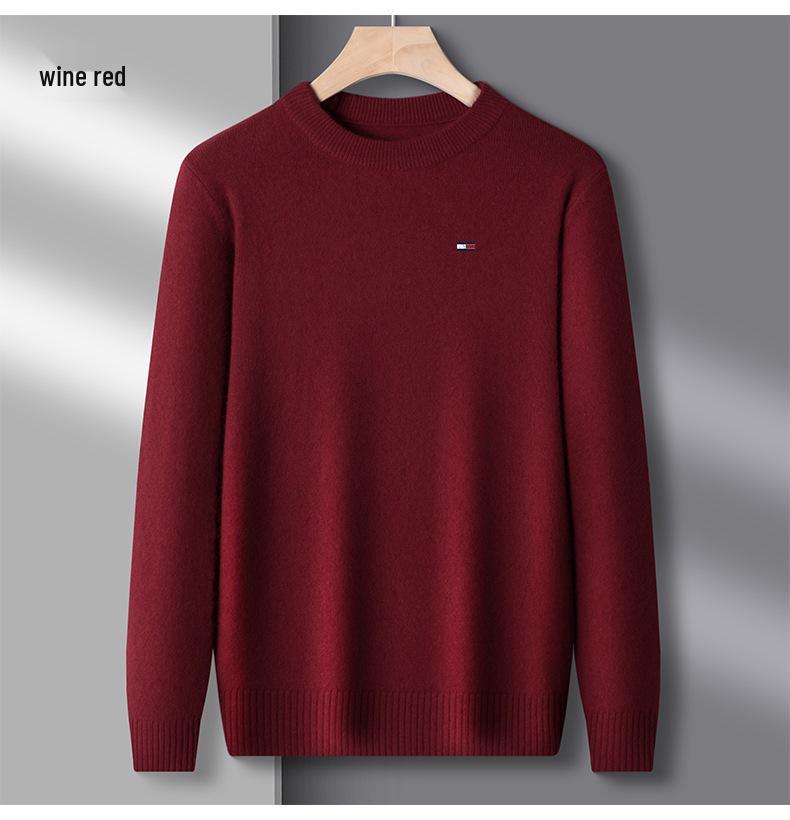 Men's American Tommy Wool Round Neck Thickened Cashmere Sweater - Casual Solid Color Knit Pullover