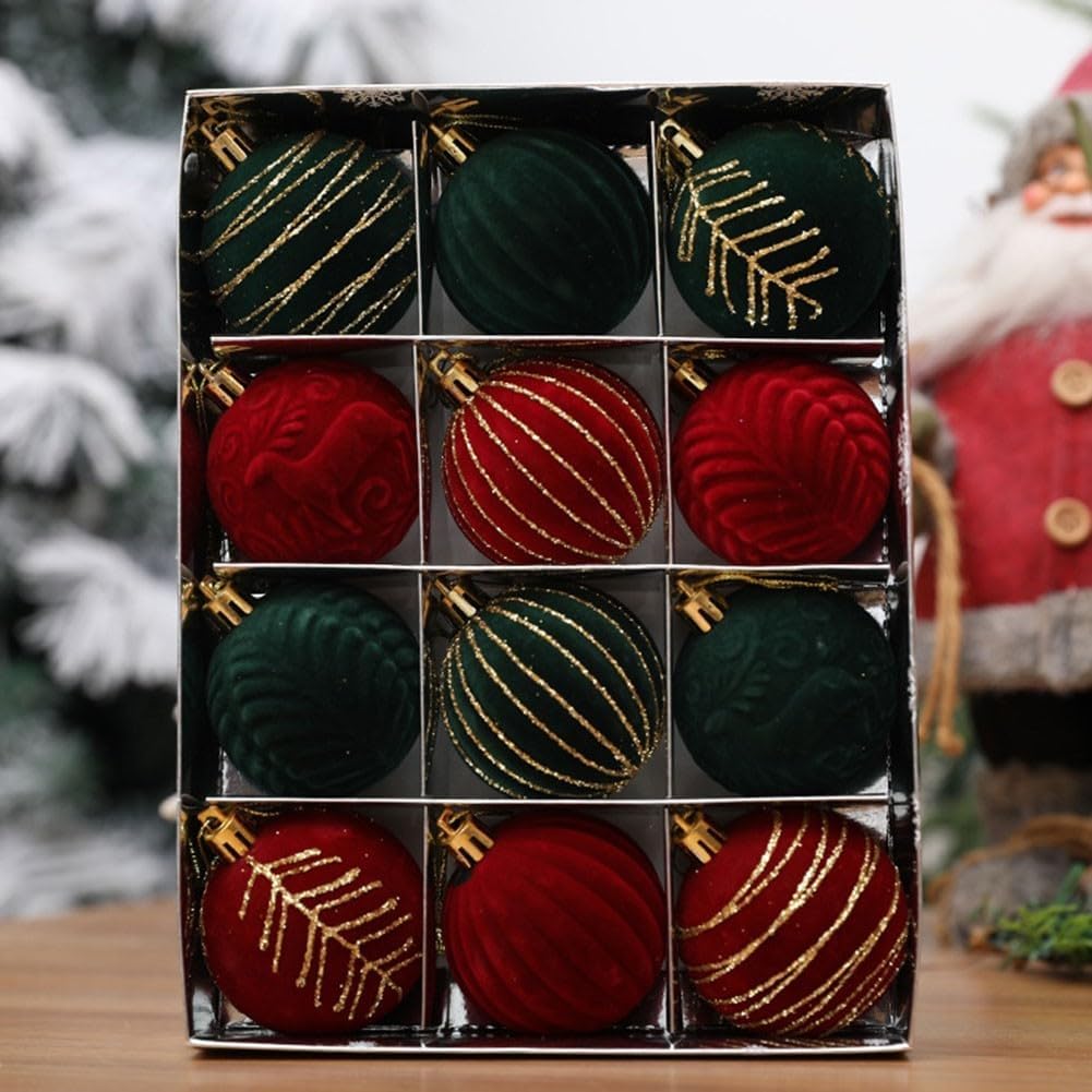 12PCS 6CM Velvet Christmas Ornaments Balls, Flocked Christmas Tree Ball Hanging Ornaments Shatterproof Xmas Bulbs For Christmas Tree