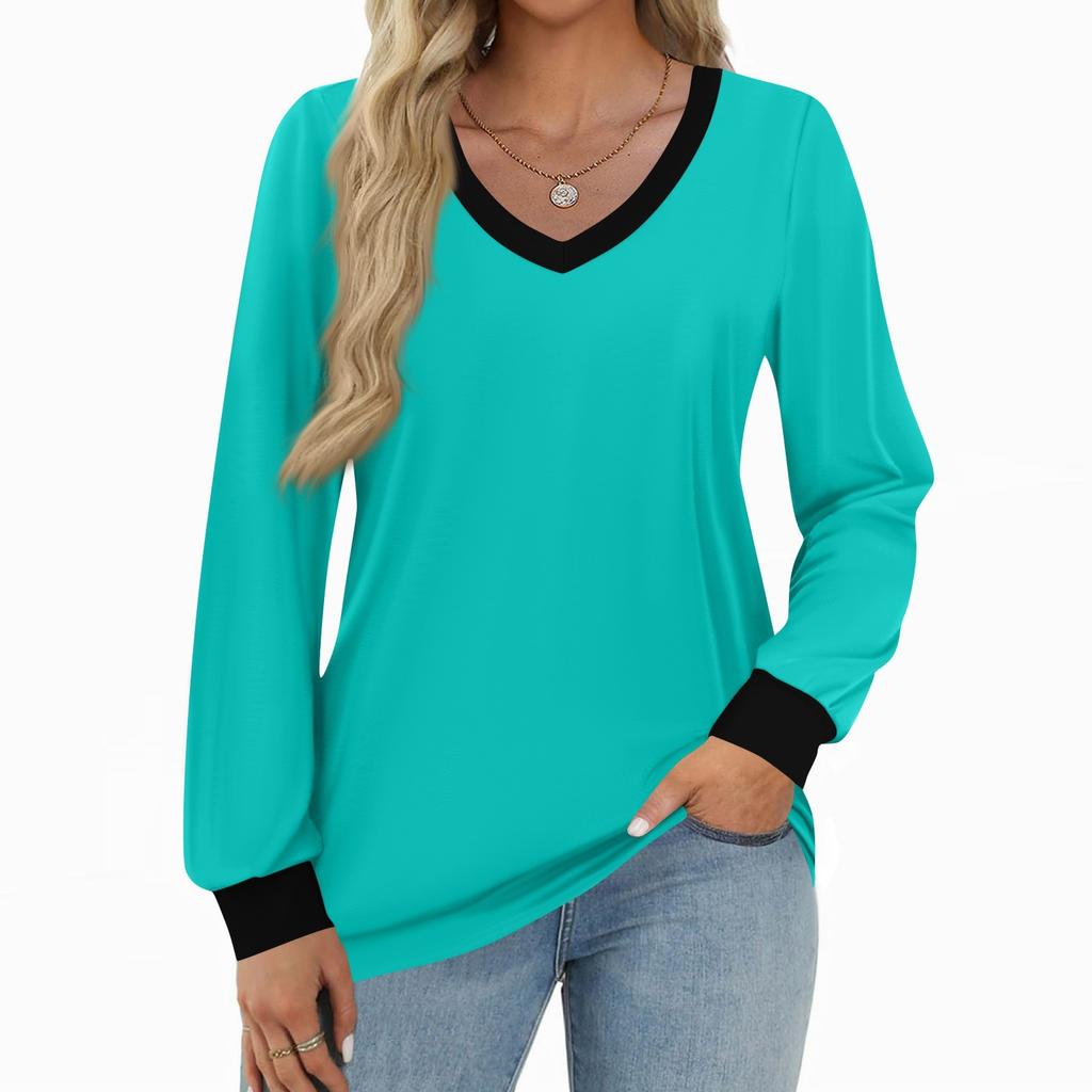 Women's Fashion Casual Long Sleeve Color Block Shirt Women's V-Neck Tops