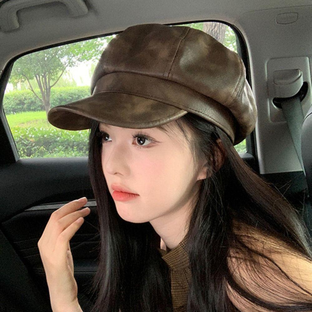 British Style Pu Leather Beret Autumn Winter Artist Cap Elegant Women's Beret  Streetwear