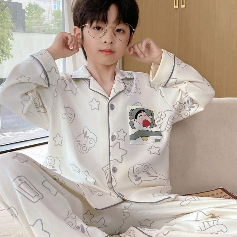 Boys Cotton Pajama Set Long Sleeve Open Front Cartoon Print Home Wear Kids Teens