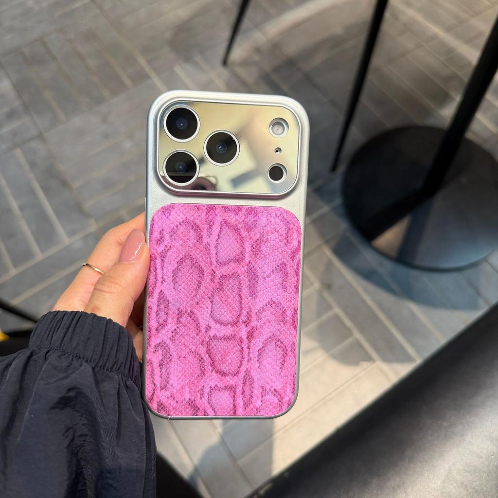 Large Window Mirror with Snakeskin Texture Fits iPhone 17 Pro Max Case iPhone 16 Bulge 15 Light Luxury 14 Women