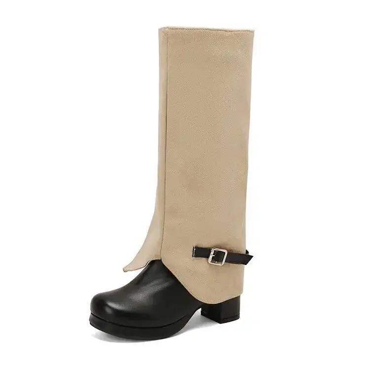 

Fashion Women s Cowboy Boots Autumn and Winter Round Head High Belt Buckle Waterproof Platform Boots Fashion Women s Boots 34