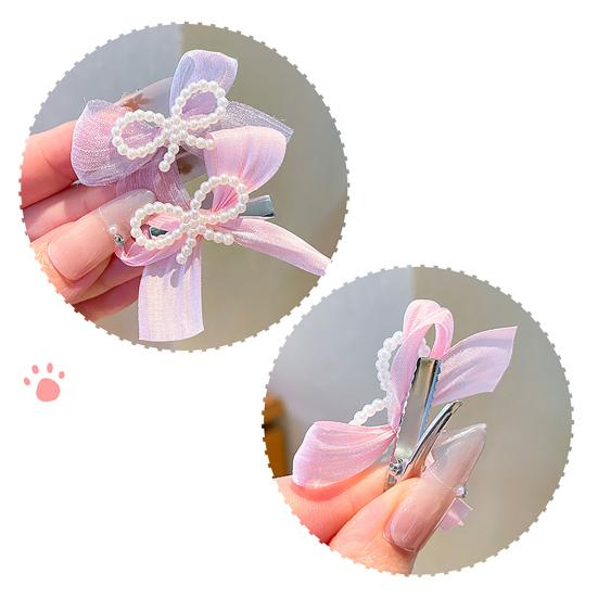 6Pcs Girl Hairpin Hand-Sewn Bow Hair Clip with Imitation Pearl Beads Macaron Color Safe Scalp-friendly Hairpin Hair Accessories