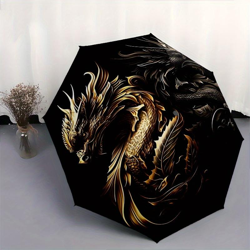Golden Dragon, Black Dragon Theme 8 Bone Hand Automatic Folding Fashion umbrella, Compact and Portable Design, A Perfect Gift for Birthday,