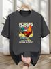 Niuwang Selection 200g 100% Cotton Short Sleeve T-shirt - Black Casual Graphic Tee with Humorous "Horses Are Cool But Ridin' a Rooster" Print