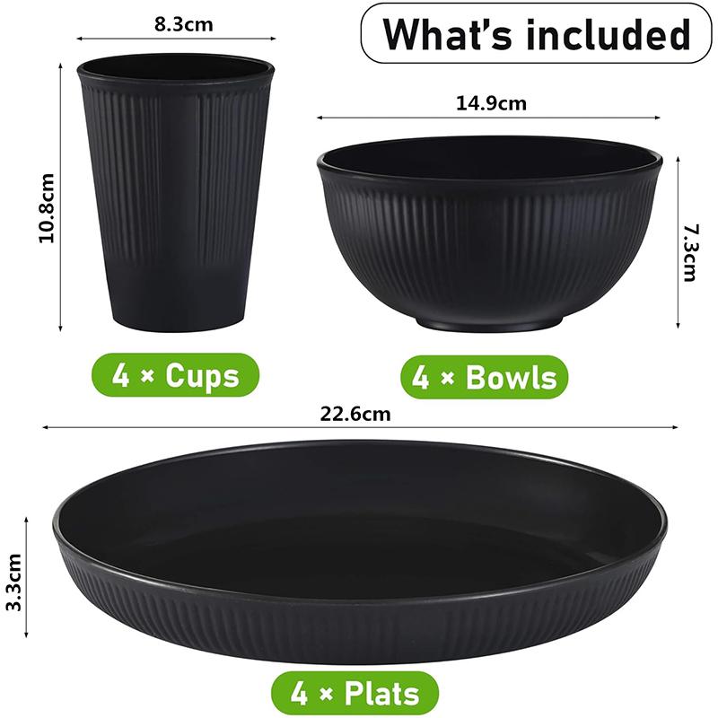 12 ks Sada nádobí ze pšeničné slámy Nerozbitná sada talířů a misek Opakovaně použitelné sady nádobí Vhodné do myčky a mikrovlnné trouby