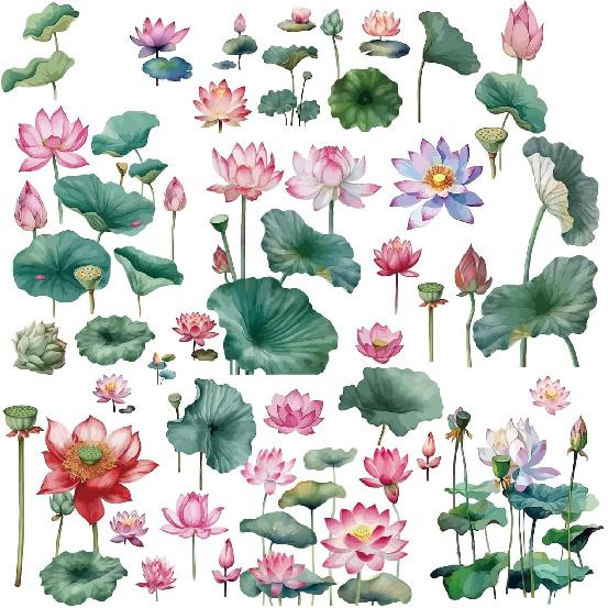 CRASPIRE 8 Sheets Lotus Flower Window Decal Large Lotus Leaf Sticker Summer Flower Decorative Waterproof PVC Adhesive Glass Window Clings to Prevent