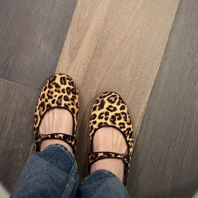Sheepskin version~ Super soft-soled leather leopard print Mary Jane shoes women's single shoes ballet flat shoes one-word buckle belt ladyshoes