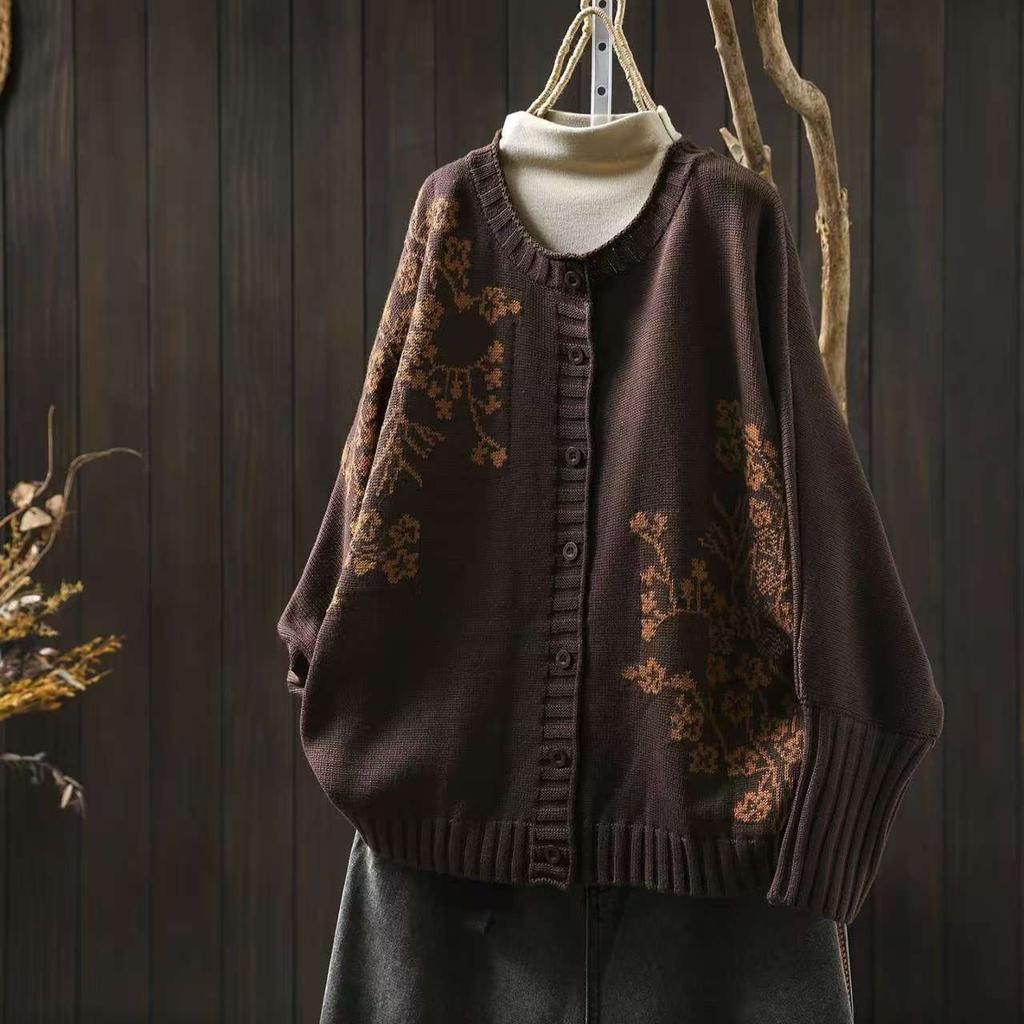 Johnature Vintage-Strickpullover für Damen mit Blumenmuster, Knöpfen, Rundhalsausschnitt und langen Ärmeln, Herbst-Freizeitpullover für Damen