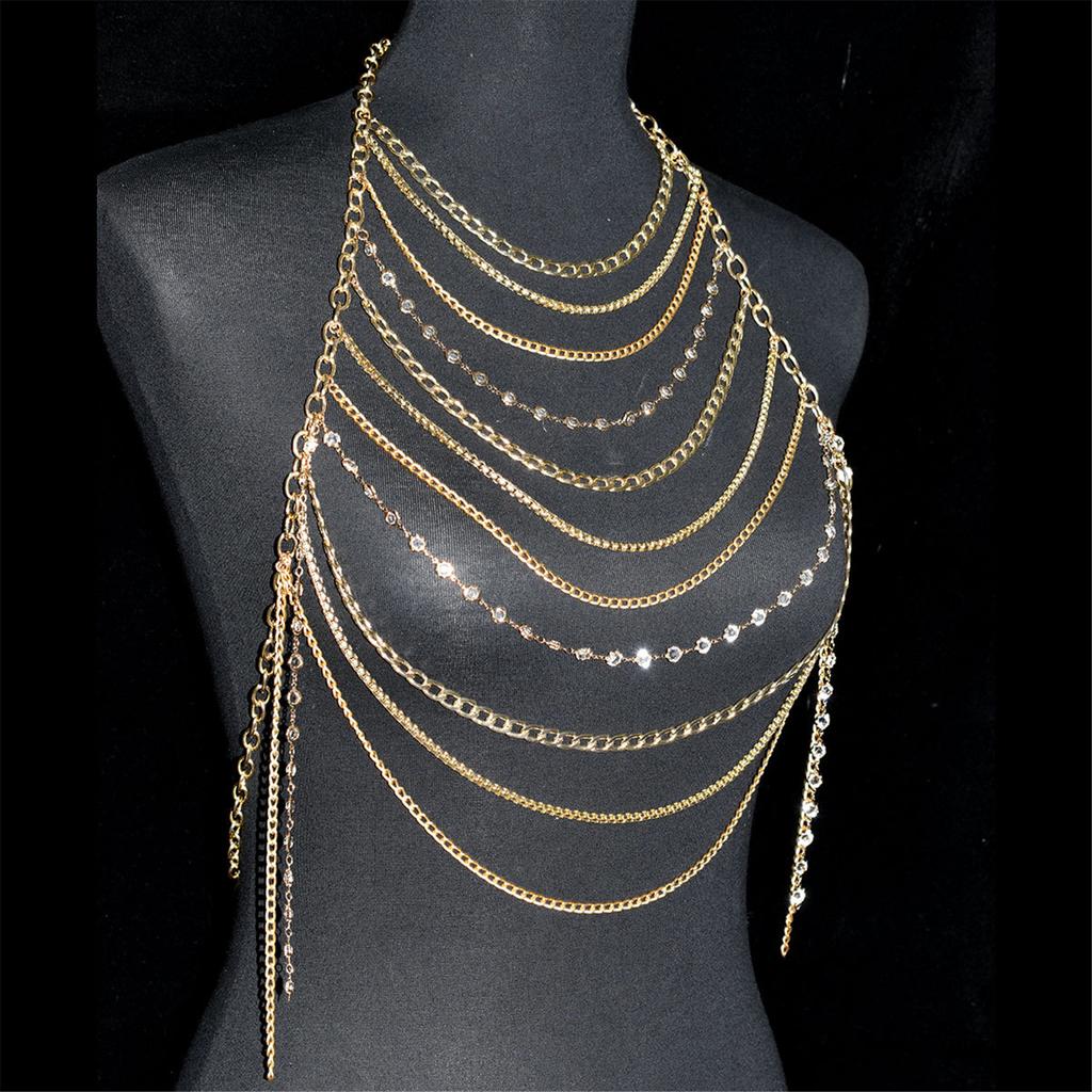Stylish Women Rhinestones Chest Chain Necklace for Beach and Nightclub Outfits Layered Halter Neck Body Jewelry Crop Top