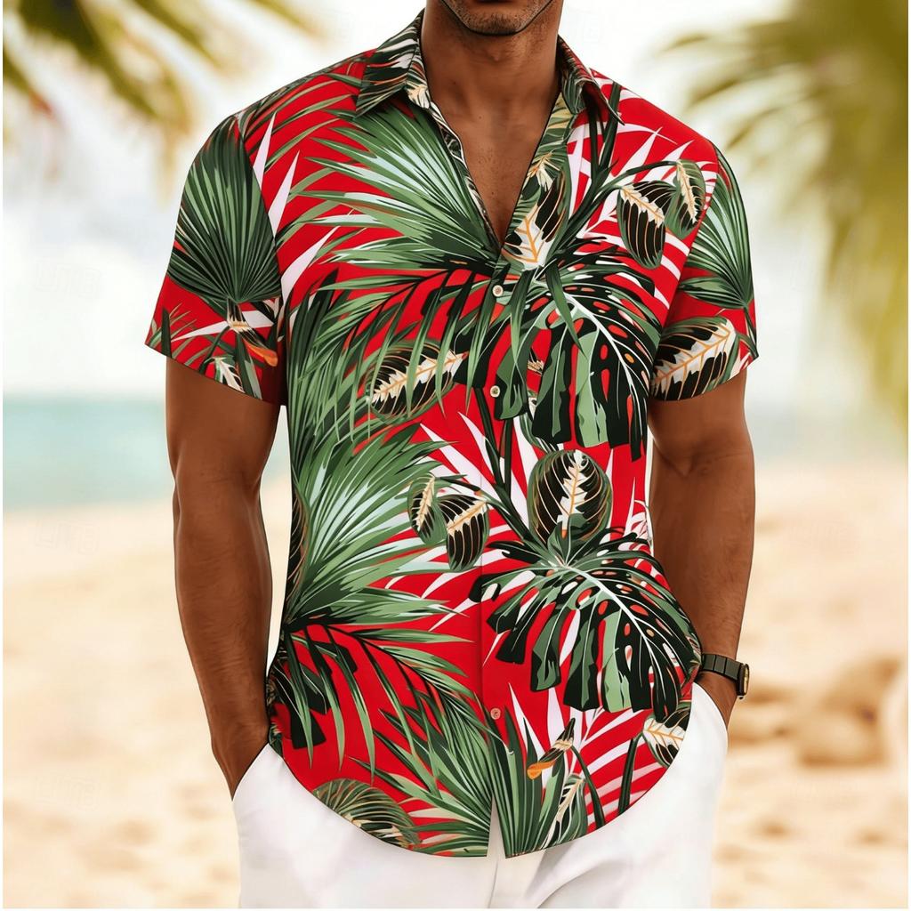Men's Tropical Monstera & Palm Leaf Print Short Sleeve Shirt, Spring Summer Vintage Hawaiian Vacation