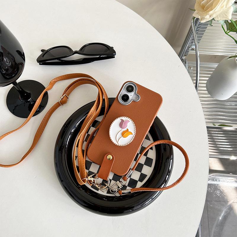 Metal Tulip Airbag Holder Mobile Phone Case For Iphone16 Messenger Rope Apple 15Promax Protective Case