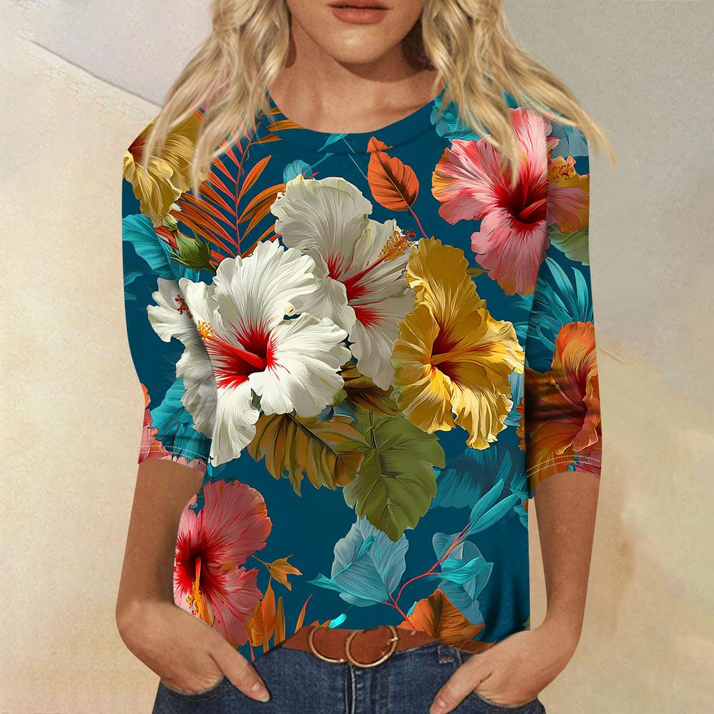 Women's Fashionable Casual Round Neck Three-quarter Sleeve Hawaiian Print T-shirt Top