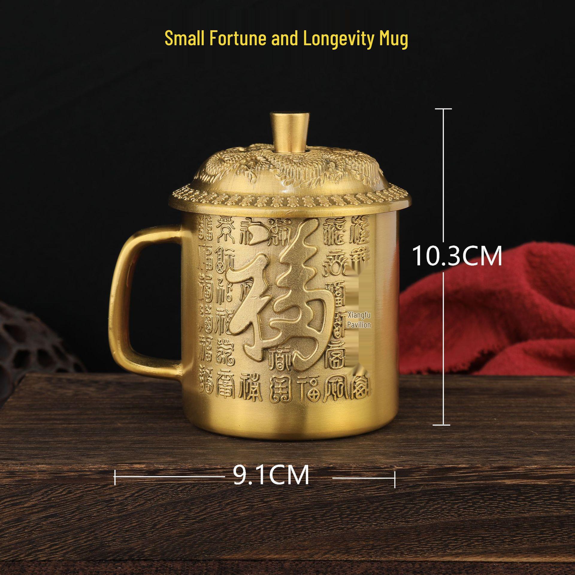 Retro Brass Fu Shou Tea Cup - Pure Copper Chinese Ornament Gift Set