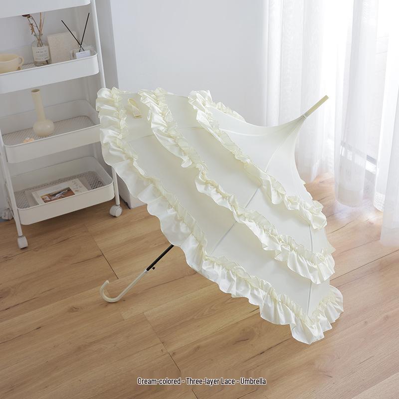 Lolita Pure White & Black Pagoda Umbrella - Fresh Style, Windproof Sun & Rain Umbrella with Curved Handle, Ideal for Weddings & Ceremonies
