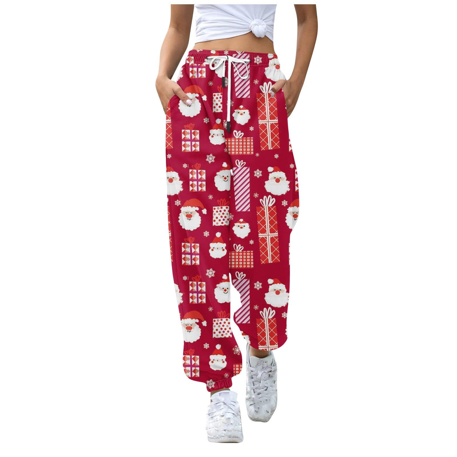 

Женские повседневные брюки для отдыха с рождественским принтом, спортивные брюки, брюки с эластичной резинкой на талии, брюки с завязками на шнурке M красный