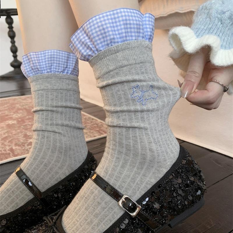 Checkered Puppy, White Socks, Girls' Lace, Cute Long Socks, Spring and Autumn Cartoon Academy Windbreaker Socks