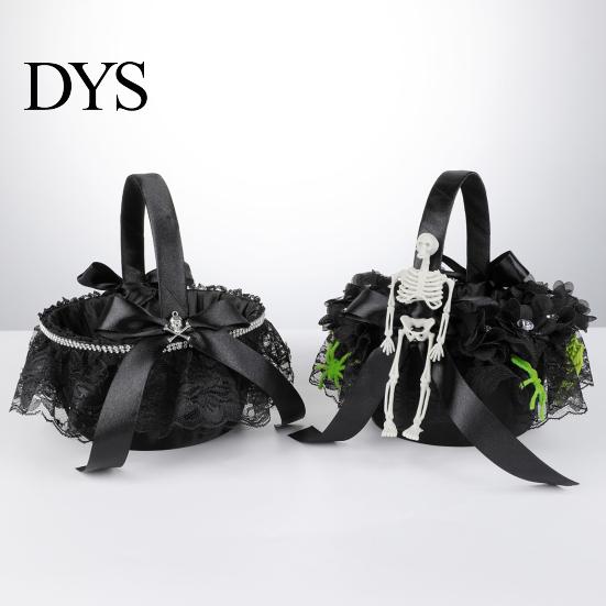 Durable Halloween Basket Black Flower Girl with Handle And Bow, Gothic Satin Lace for Wedding Ceremony, Bridal Party, Home Decor Decorative Masquerade