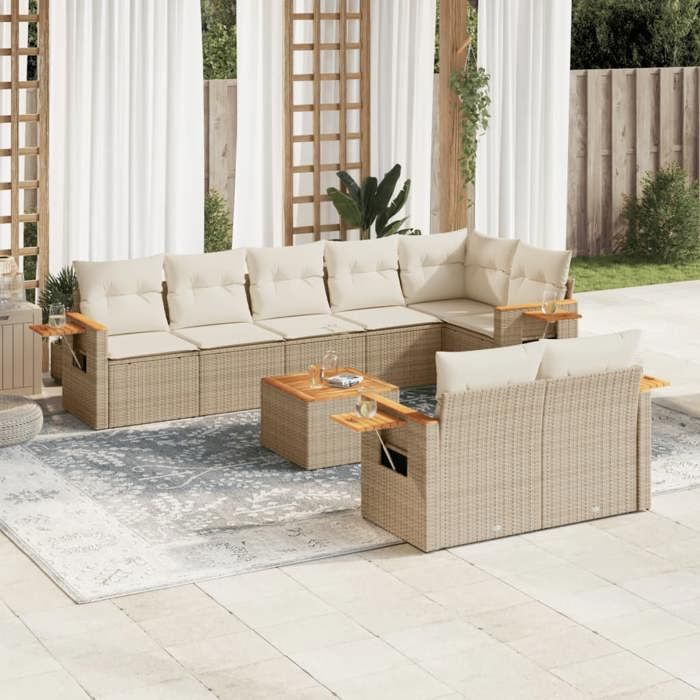 VidaXL Salon de Jardin avec Coussins 9 pcs, Canapés de Terrasse, Ensemble de Meubles de Patio, Mobilier d'Extérieur, Beige 3226996