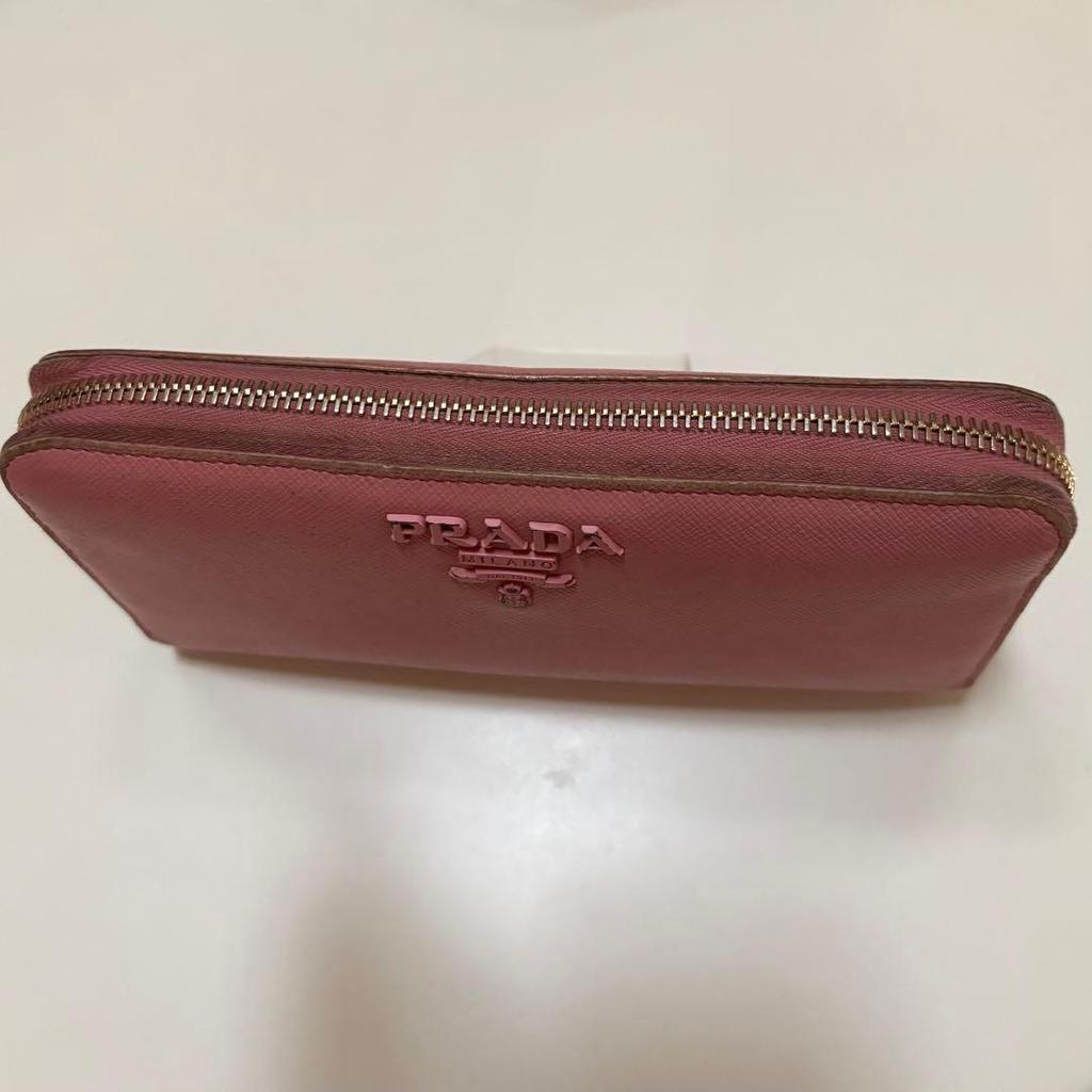 Used Prada Round Zipper Long Wallet Saffiano Logo Large Capacity Pink