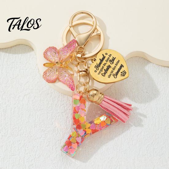 Talos Keychain Pendant, Sequins Initial Letter Charm Key Chain with Butterfly Tassel Stainless Steel Heart Design, A-Z Holder for Bag Purse Backpack
