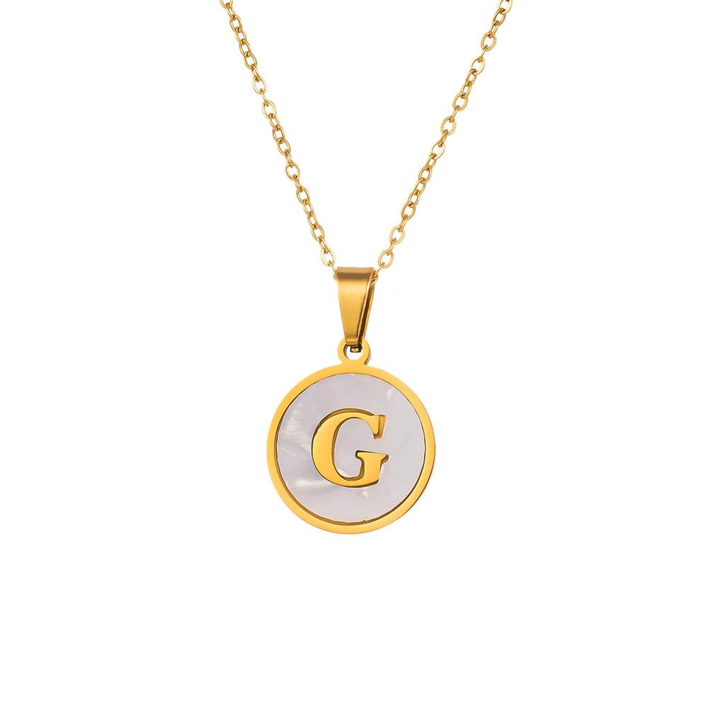 Round Gold Color 26 Letter Necklaces Alphabet Shell Pendant Necklace for Women Men Stainless Steel Chain Jewelry 1PC